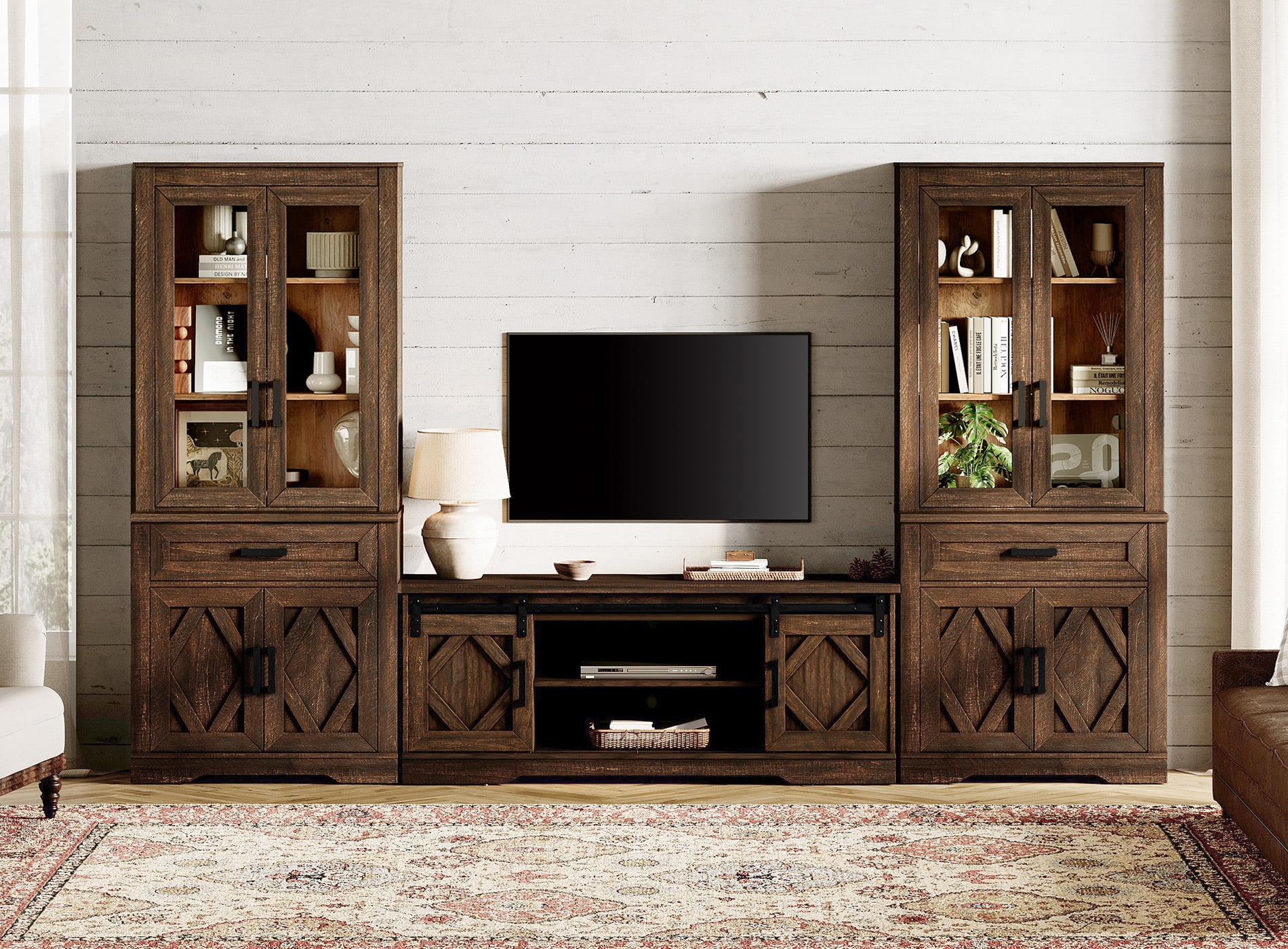 WAMPAT Farmhouse Entertainment Center with Bookshelf for TVs up to 65",Mid Century Modern TV Stand with 73"H Tall 5-Tier Bookcase with Open Storage and Barn Doors for Living Room,Espresso