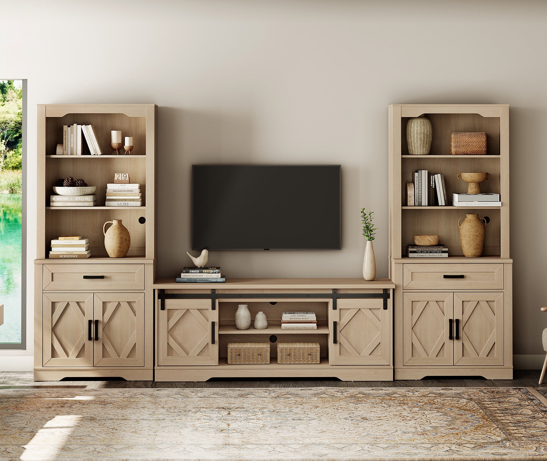 WAMPAT Farmhouse Entertainment Center with Bookshelf for TVs up to 65",Mid Century Modern TV Stand with 73"H Tall 5-Tier Bookcase with Open Storage and Barn Doors for Living Room,Light Oak