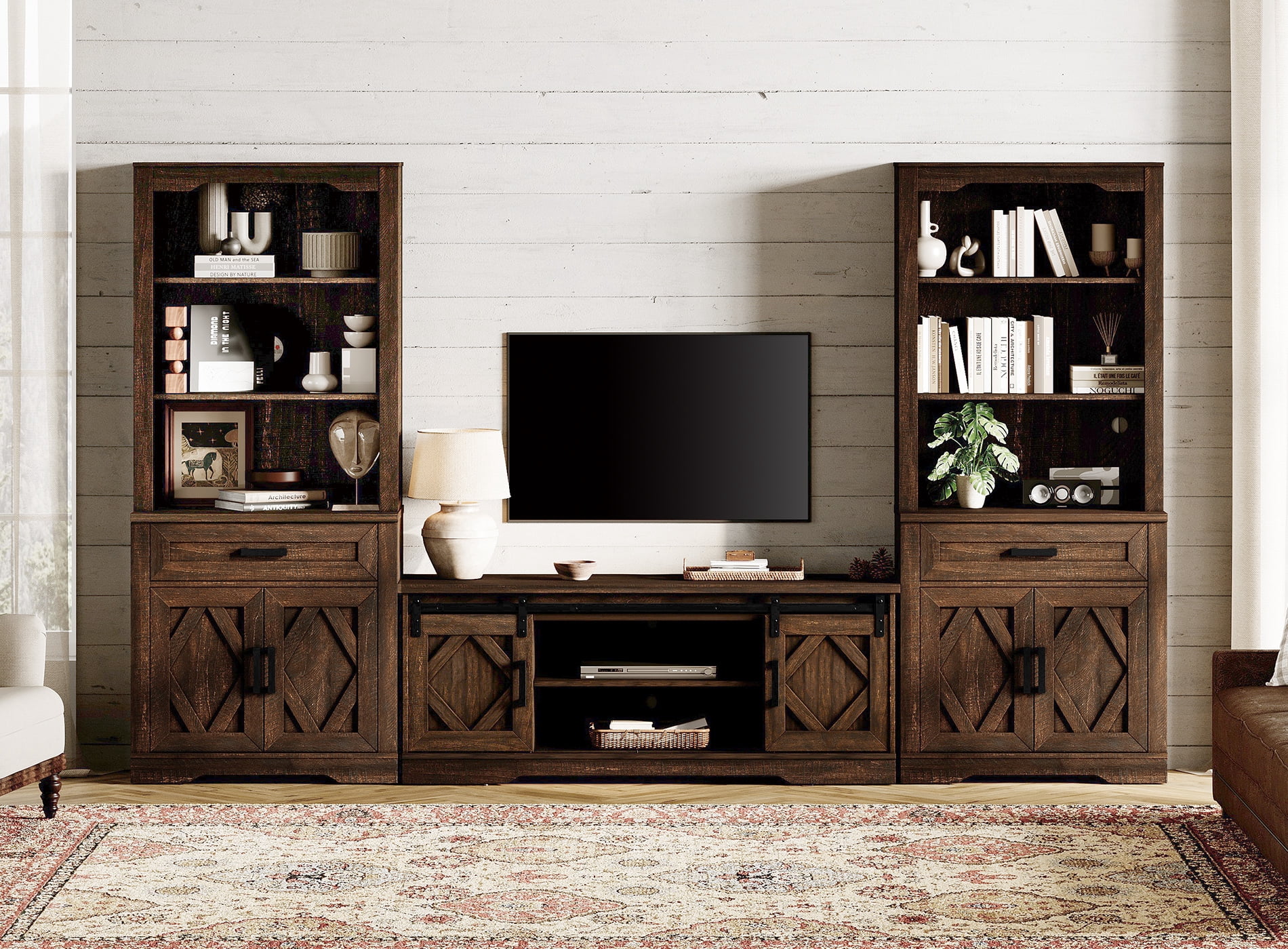 WAMPAT Farmhouse Entertainment Center with Bookshelf for TVs up to 65",Mid Century Modern TV Stand with 73"H Tall 5-Tier Bookcase with Open Storage and Barn Doors for Living Room,Rustic Brown
