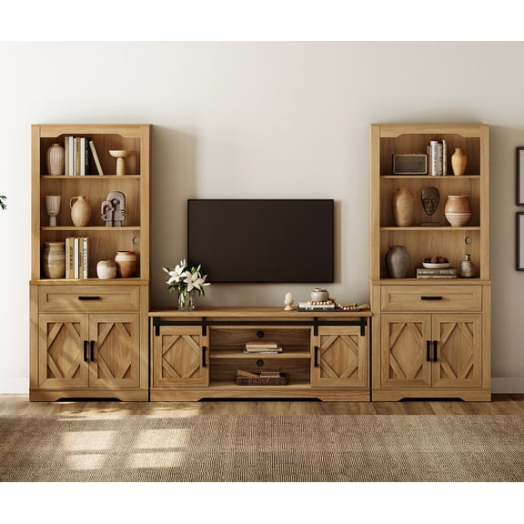 WAMPAT Farmhouse Entertainment Center with Bookshelf for TVs up to 65",Mid Century Modern TV Stand with 73"H Tall 5-Tier Bookcase with Open Storage and Barn Doors for Living Room,Vintage Oak