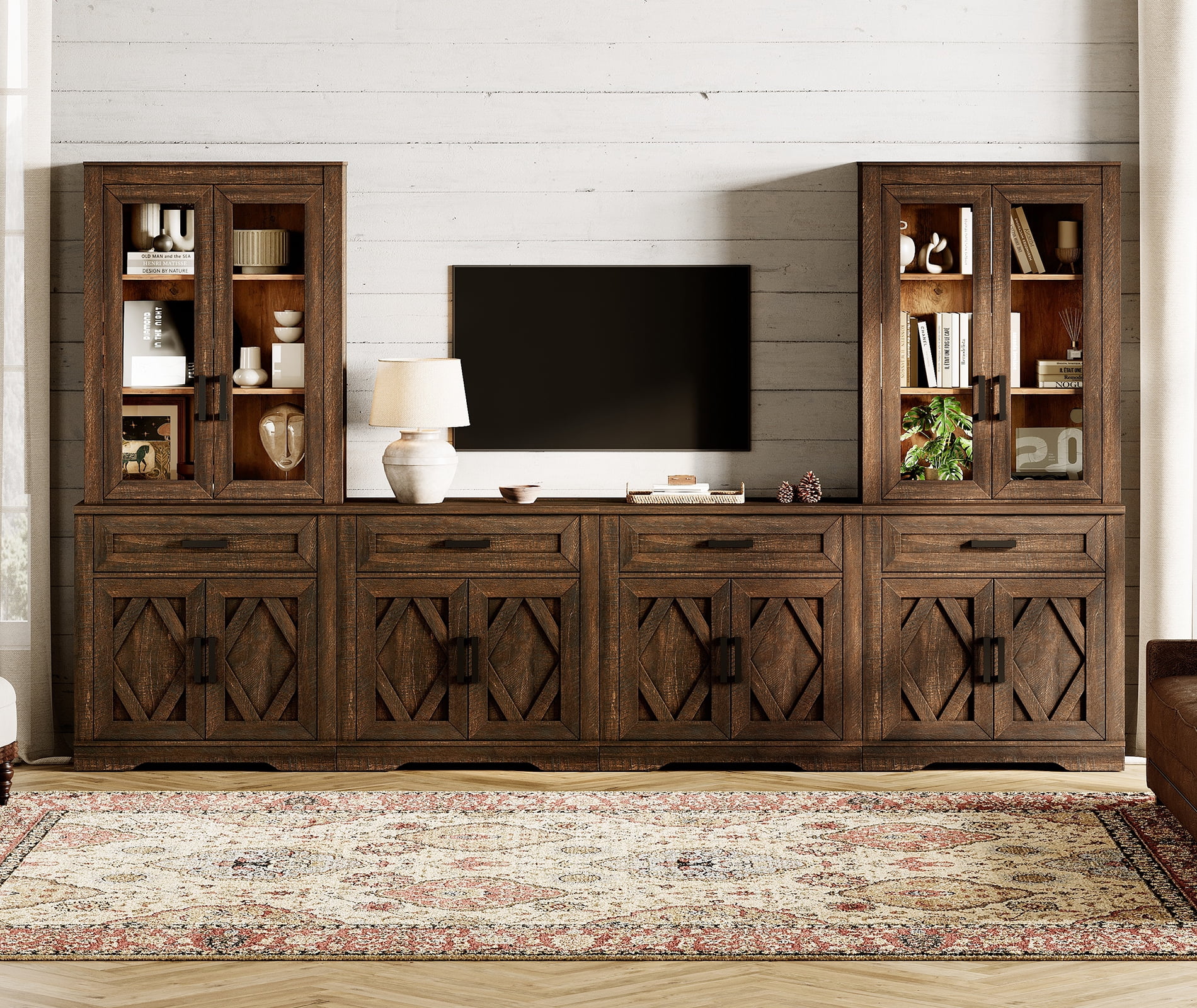 WAMPAT Farmhouse Entertainment Center with Bookshelf for TVs up to 70",Mid Century Modern TV Stand with 73"H Tall 5-Tier Bookcase with Open Storage and Barn Doors for Living Room,Bedroom,Rustic Brown