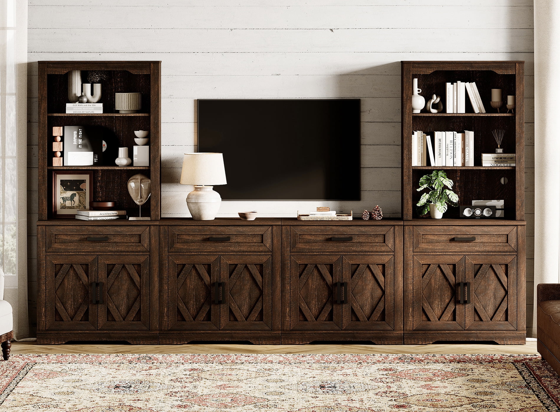 WAMPAT Farmhouse Entertainment Center with Bookshelf for TVs up to 70",Mid Century Modern TV Stand with 73"H Tall 5-Tier Bookcase with Open Storage and Barn Doors for Living Room,Bedroom,Rustic Brown