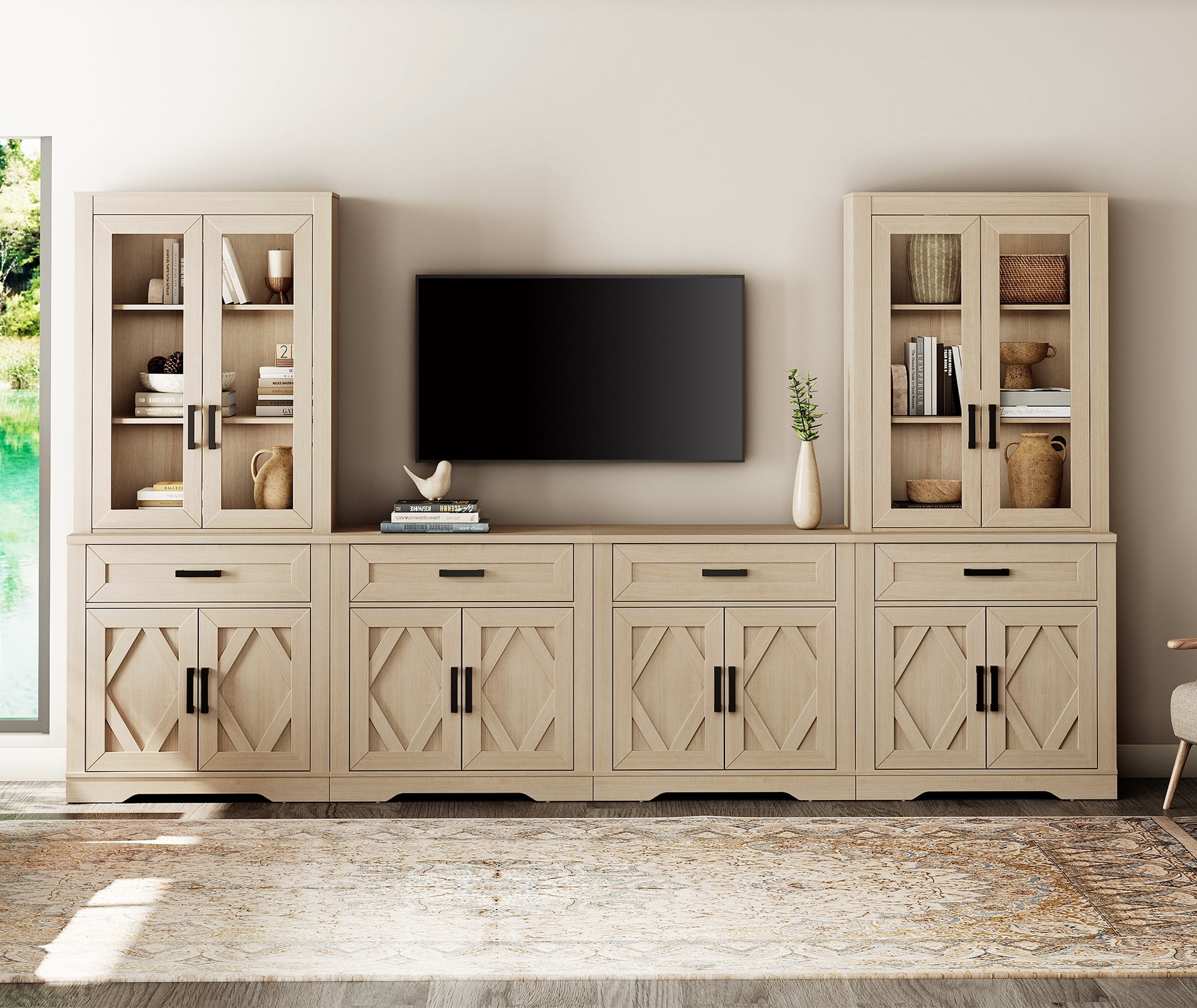 WAMPAT Farmhouse Entertainment Center with Bookshelf for TVs up to 70",Mid Century Modern TV Stand with 73"H Tall 5-Tier Bookcase with Open Storage and Barn Doors for Living Room,Bedroom,Beige