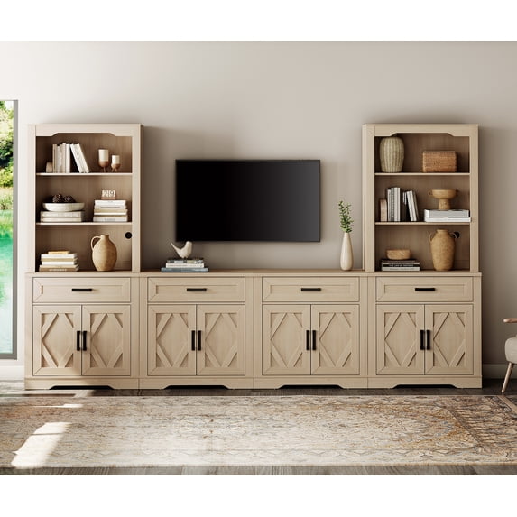 WAMPAT Farmhouse Entertainment Center with Bookshelf for TVs up to 70",Mid Century Modern TV Stand with 73"H Tall 5-Tier Bookcase with Open Storage and Barn Doors for Living Room,Bedroom,Beige
