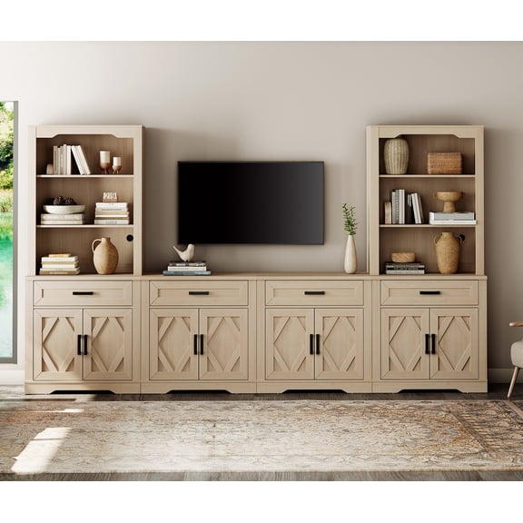 WAMPAT Farmhouse Entertainment Center with Bookshelf for TVs up to 70",Mid Century Modern TV Stand with 73"H Tall 5-Tier Bookcase with Open Storage and Barn Doors for Living Room,Bedroom,Beige