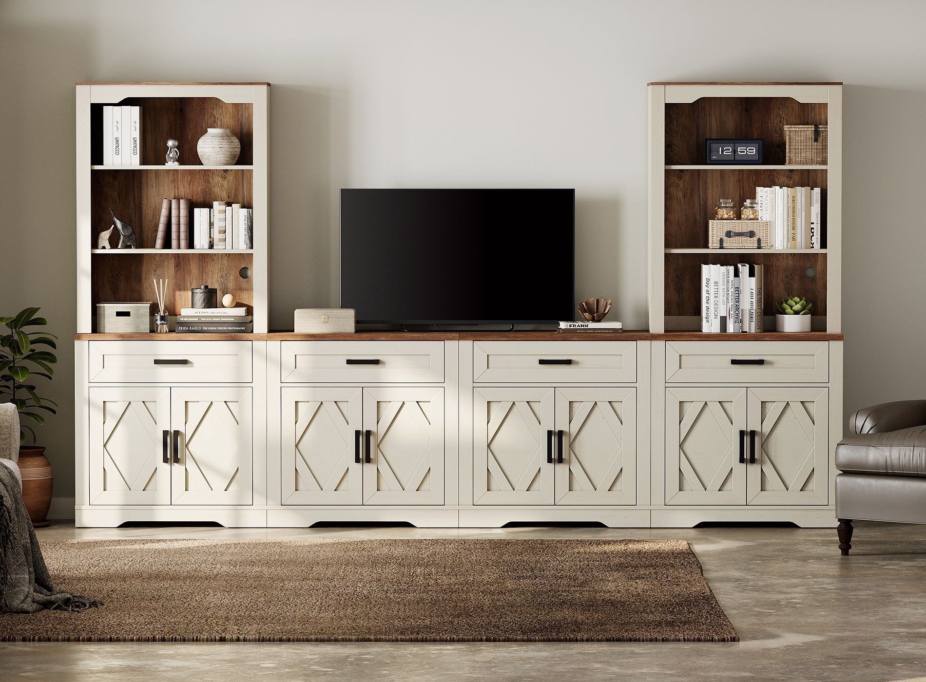 WAMPAT Farmhouse Entertainment Center with Bookshelf for TVs up to 70",Modern TV Stand with 73"H Tall 5-Tier Bookcase with Open Storage and Barn Doors for Living Room,Bedroom,Antique White