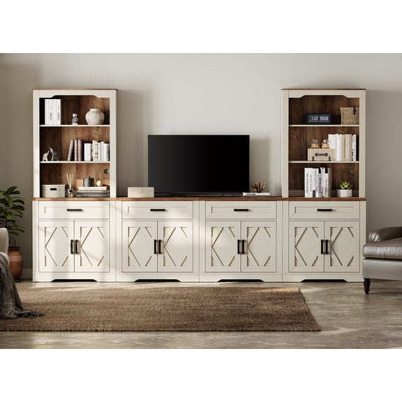 WAMPAT Farmhouse Entertainment Center with Bookshelf for TVs up to 70",Modern TV Stand with 73"H Tall 5-Tier Bookcase with Open Storage and Barn Doors for Living Room,Bedroom,Antique White