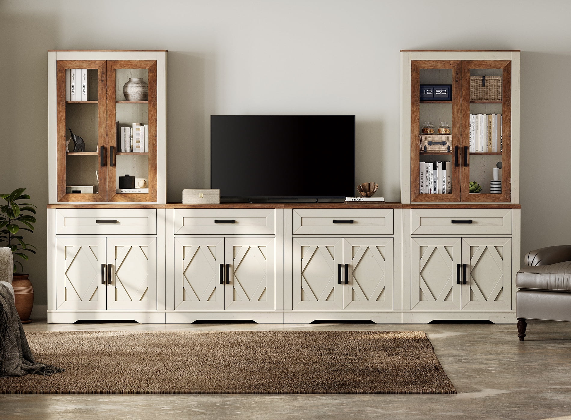 WAMPAT Farmhouse Entertainment Center with Bookshelf for TVs up to 70",Modern TV Stand with 73"H Tall 5-Tier Bookcase with Open Storage and Barn Doors for Living Room,Bedroom,Antique White
