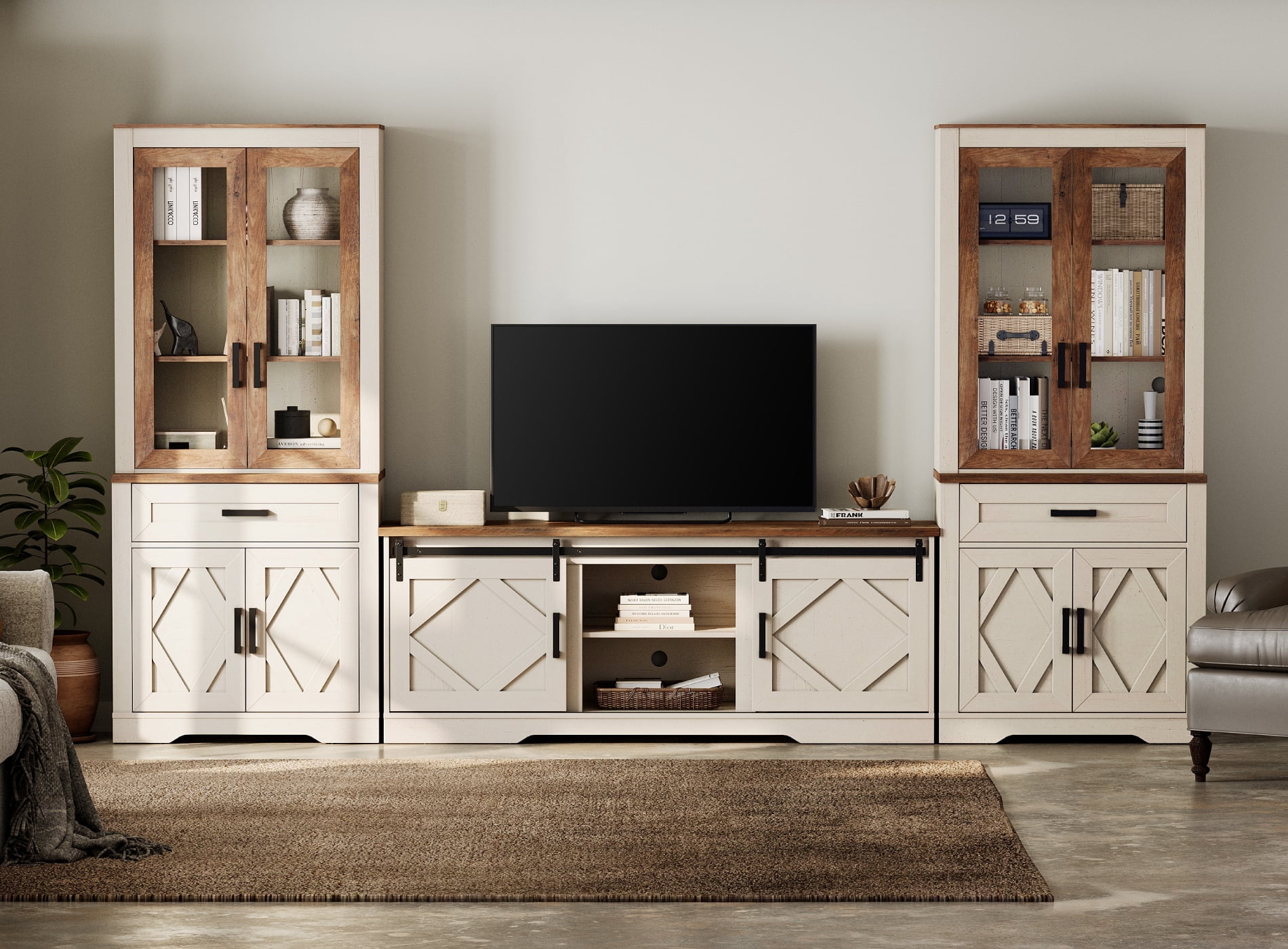 WAMPAT Farmhouse Entertainment Center with Bookshelf for TVs up to 75",Mid Century Modern TV Stand with 73"H Tall 5-Tier Bookcase with 2 Drawers and Glass Doors for Living Room,Bedroom, White Oak