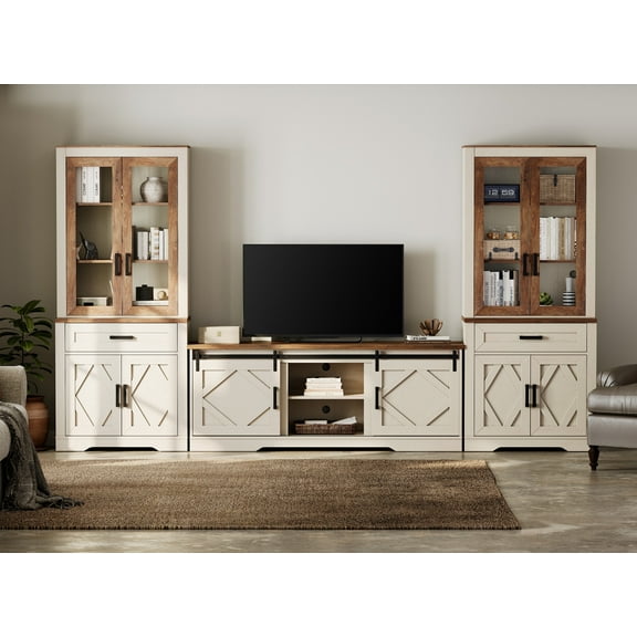 WAMPAT Farmhouse Entertainment Center with Bookshelf for TVs up to 75",Mid Century Modern TV Stand with 73"H Tall 5-Tier Bookcase with 2 Drawers and Glass Doors for Living Room,Bedroom, White Oak