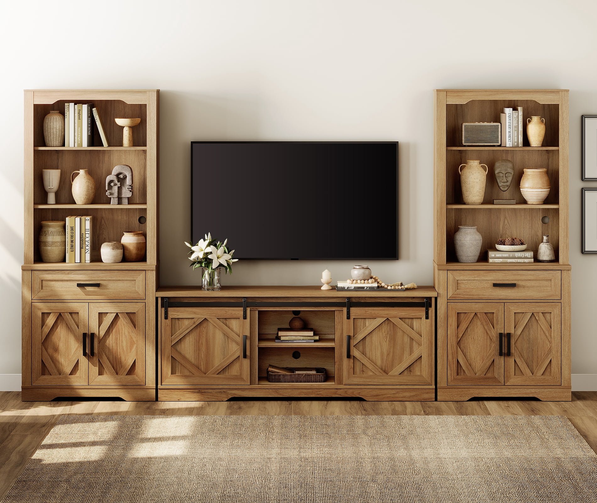 WAMPAT Farmhouse Entertainment Center with Bookshelf for TVs up to 75",Mid Century Modern TV Stand with 73"H Tall 5-Tier Bookcase with Open Storage and Barn Doors for Living Room,Bedroom,Walnut