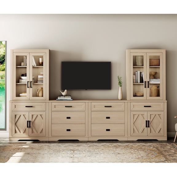 WAMPAT Farmhouse Entertainment Center with Bookshelf for TVs up to 75",Mid Century Modern TV Stand with 73"H Tall 5-Tier Bookcase with Open Storage and Barn Doors for Living Room,Bedroom,Beige