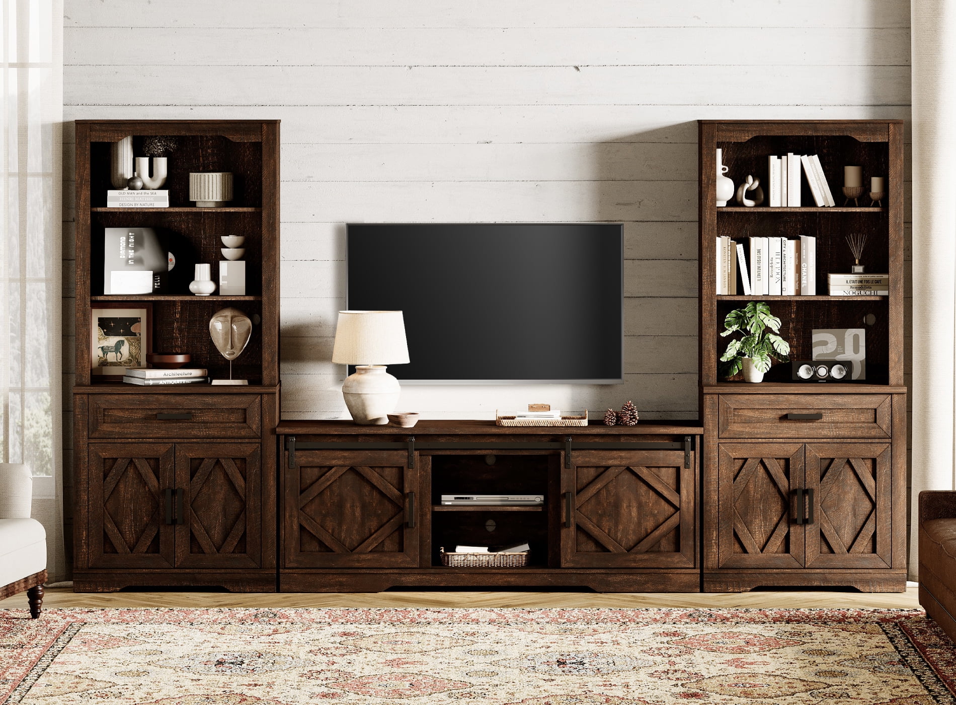WAMPAT Farmhouse Entertainment Center with Bookshelf for TVs up to 75",Mid Century Modern TV Stand with 73"H Tall 5-Tier Bookcase with Open Storage and Barn Doors for Living Room,Bedroom,Dark Brown