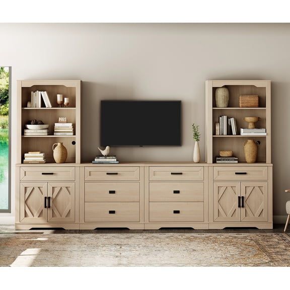 WAMPAT Farmhouse Entertainment Center with Bookshelf for TVs up to 75",Mid Century Modern TV Stand with 73"H Tall 5-Tier Bookcase with Open Storage and Barn Doors for Living Room,Bedroom,Beige