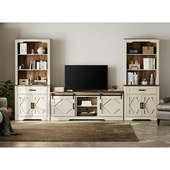 WAMPAT Farmhouse Entertainment Center with Bookshelf for TVs up to 75",Mid Century Modern TV Stand with 73"H Tall 5-Tier Bookcase with Open Storage and Barn Doors for Living Room,Bedroom,Cream White