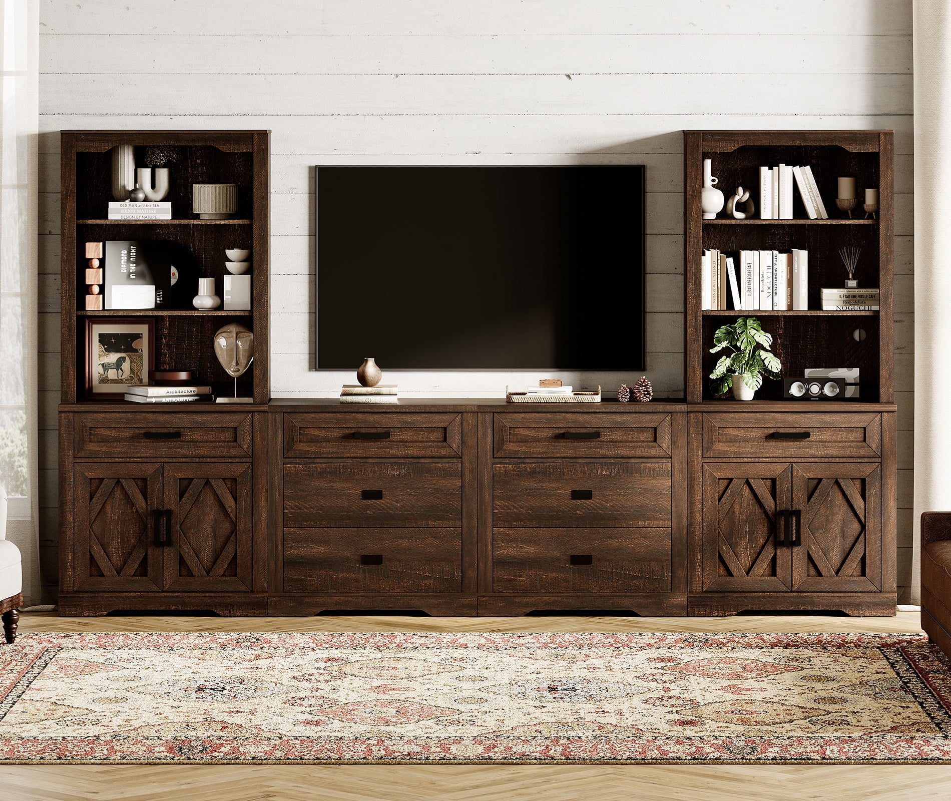 WAMPAT Farmhouse Entertainment Center with Bookshelf for TVs up to 75",Mid Century Modern TV Stand with 73"H Tall 5-Tier Bookcase with Open Storage and Barn Doors for Living Room,Bedroom,Rustic Brown