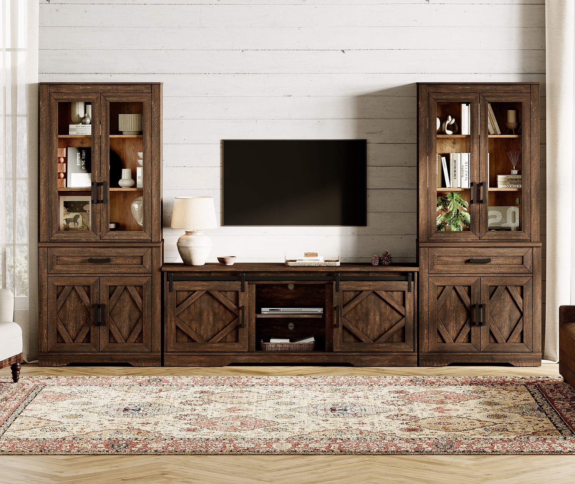 WAMPAT Farmhouse Entertainment Center with Bookshelf for TVs up to 75",Mid Century Modern TV Stand with 73"H Tall 5-Tier Bookcase with Open Storage and Barn Doors for Living Room,Bedroom,Dark Brown