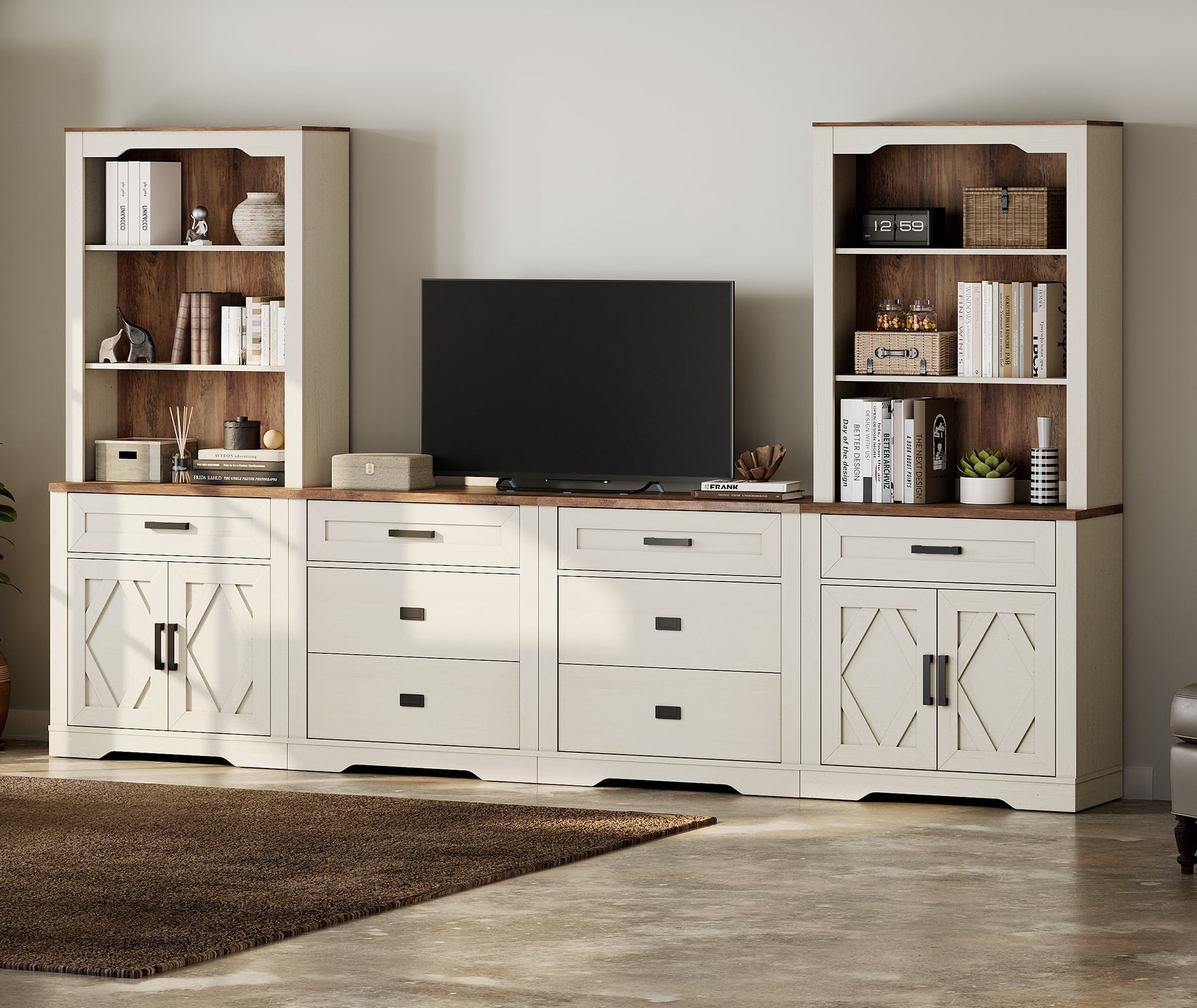 WAMPAT Farmhouse Entertainment Center with Bookshelf for TVs up to 75",Modern TV Stand with 73"H Tall 5-Tier Bookcase with Open Storage and Barn Doors for Living Room,Bedroom,Antique White