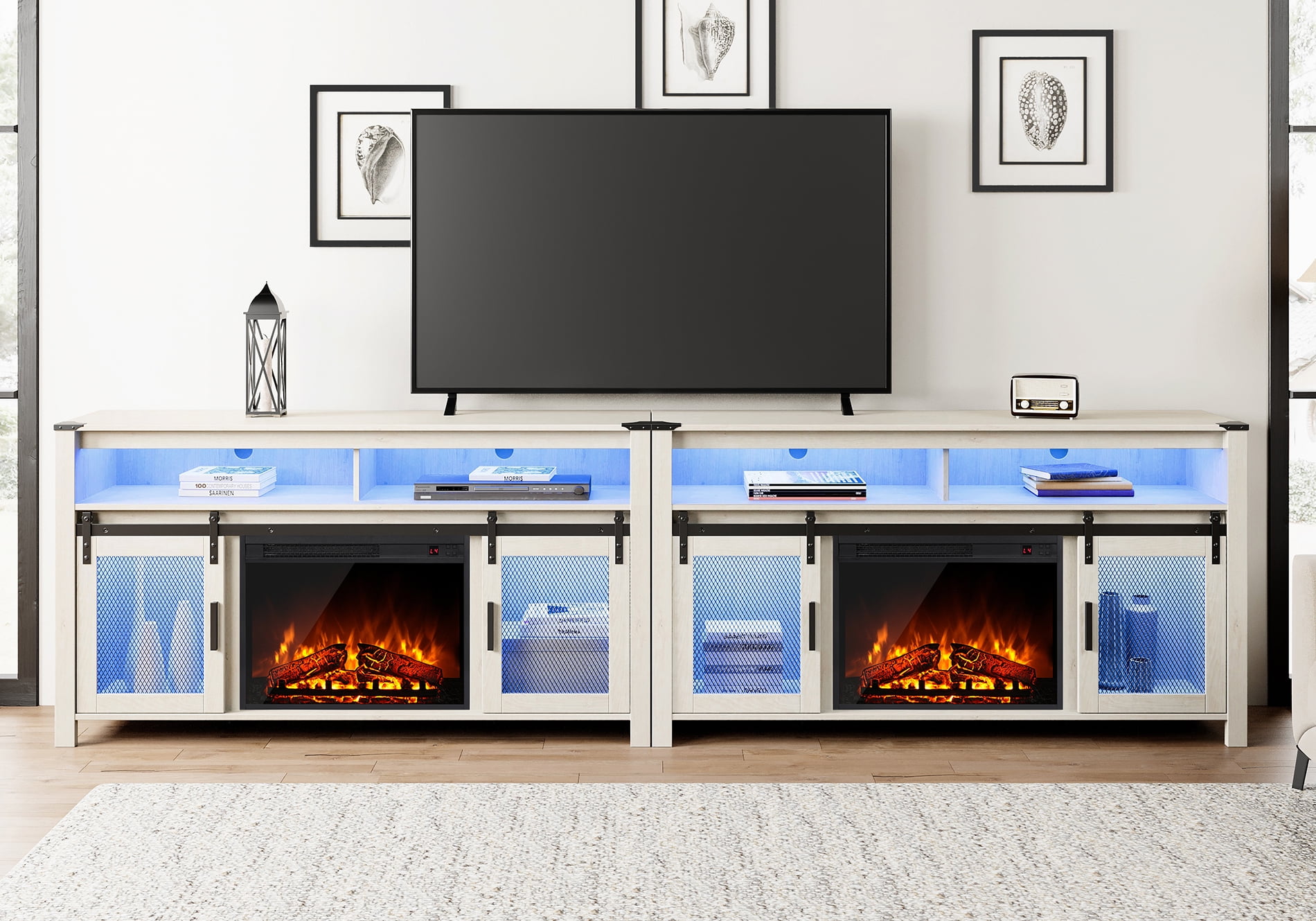 WAMPAT Farmhouse Fireplace TV Stand for 100+ Inch TV, Set of 2