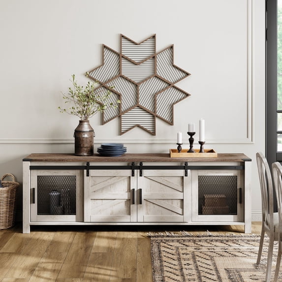 WAMPAT Farmhouse Kitchen Coffee Bar Cabinet, Sideboard Credenza with Sliding Barn Door & Adjustable Shelf, Wooden Accent Cabinet for Kitchen, Rustic White