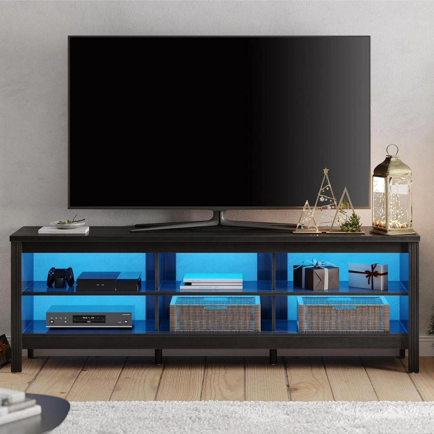 WAMPAT Farmhouse LED TV Stand for 75 inch TV, Wood Entertainment Center with 6 Storage Cabinets for Living Room, Black, 70 inch