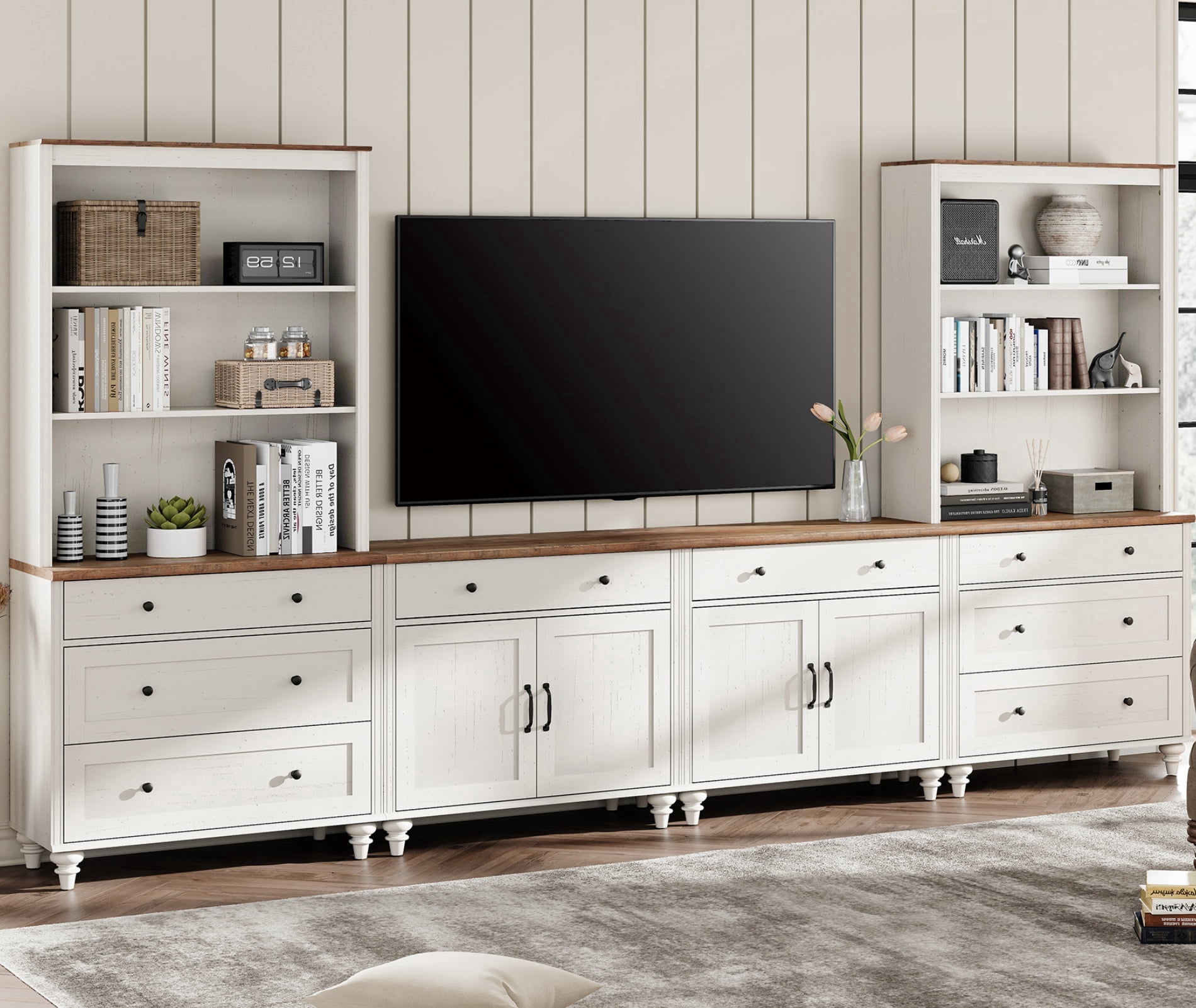 WAMPAT Farmhouse Media Console TV Stand for 75" TV, White Entertainment Center with Doors & Drawer