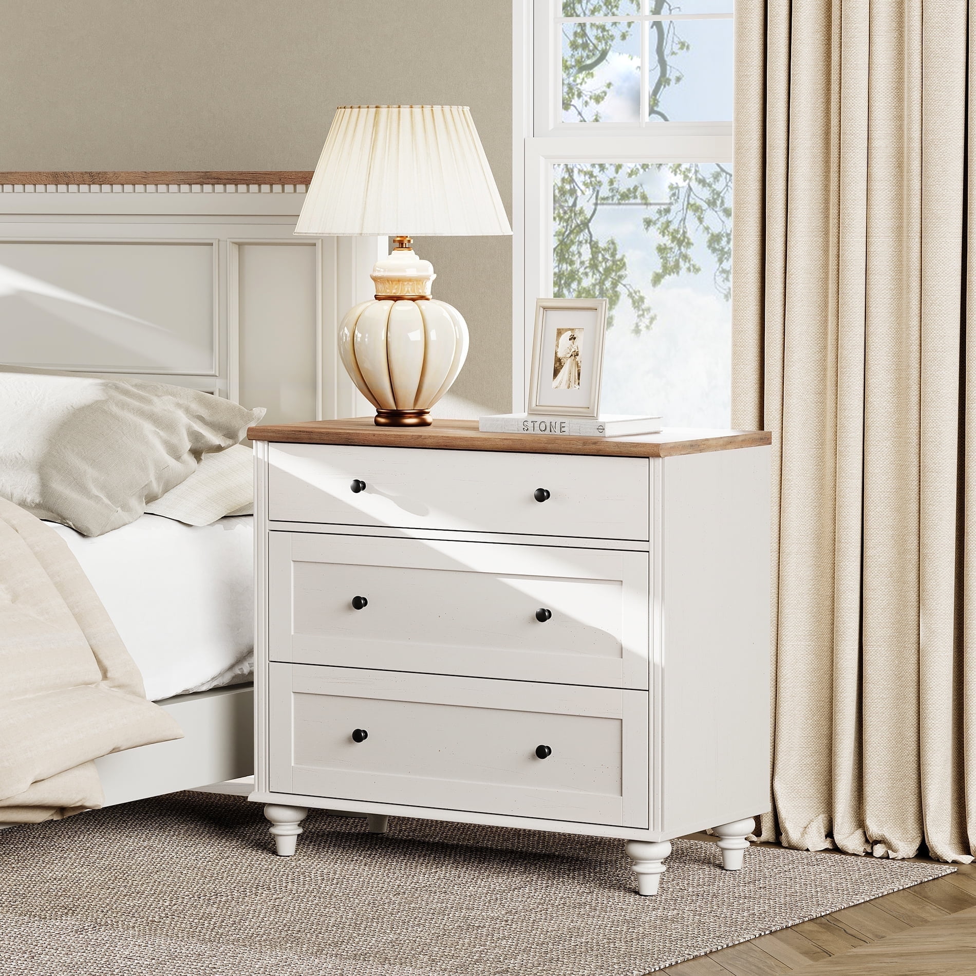 WAMPAT Farmhouse Nightstand with 3 Drawers, Morden Large Wooden Bedside Table Night Stand, Wide Sofa Side End Table 3 Drawers Chest of Dresser for Living Room, Bedroom, White, 34 inch