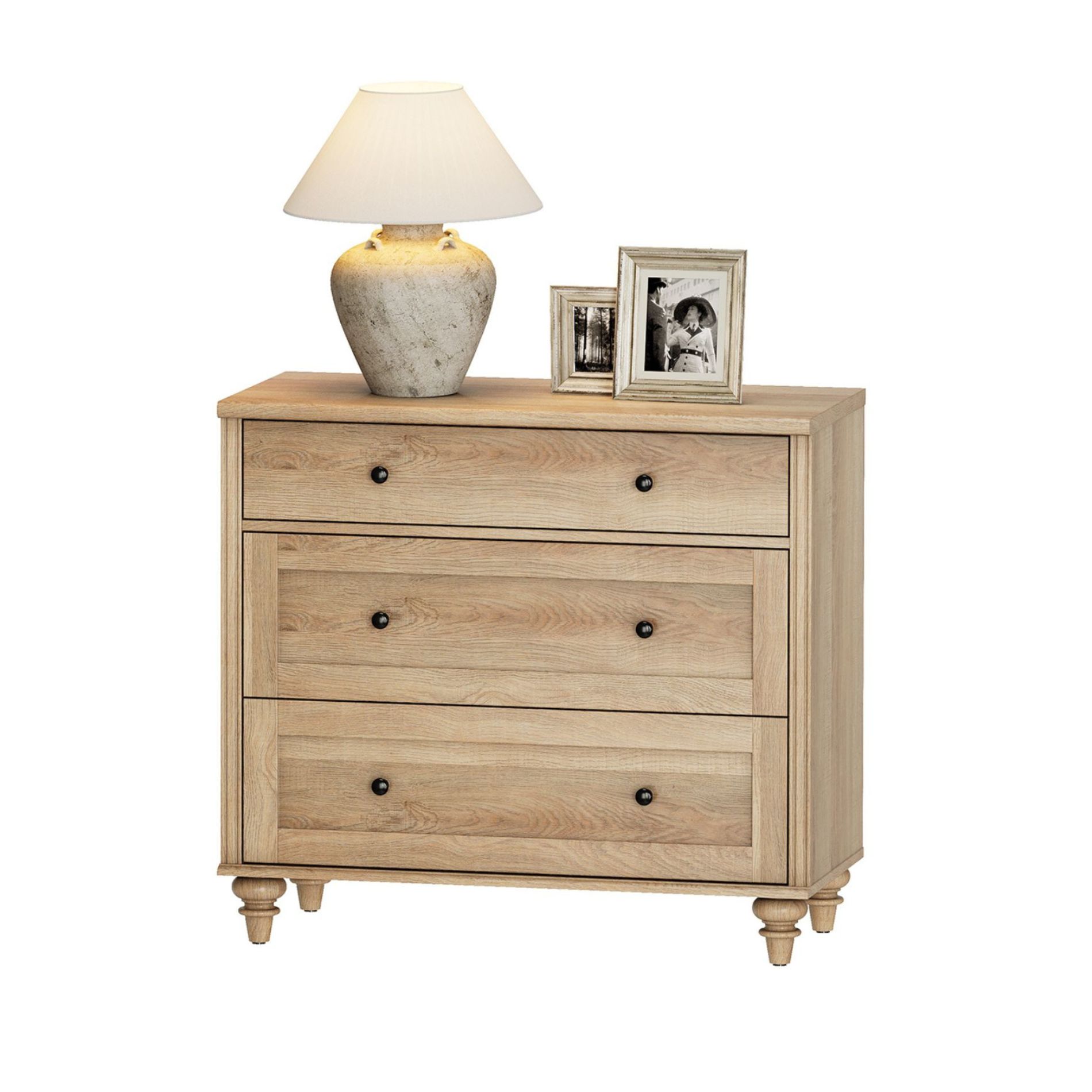 WAMPAT Farmhouse Nightstand with 3 Drawers, Large Wood Bedside Table Night Stand, Wide Sofa Side End Table 3 Drawers Chest of Dresser for Living Room, Bedroom, Oak, 34 inch