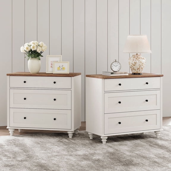 Farmhouse Nightstand with 3 Drawers, Set of 2 Large 3 Drawers Wood Bedside Table Night Stand, Wide Sofa Side End Table Chest of Dresser for Living Room, Bedroom, White, 34 inch (2PCS)