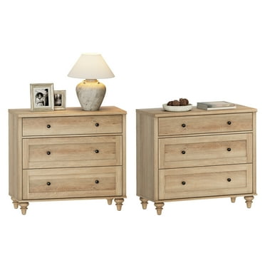 WAMPAT Farmhouse Nightstand with 3 Drawers, Set of 2 Large 3 Drawers Wood Bedside Table Night Stand, Wide Sofa Side End Table Chest of Dresser for Living Room, Bedroom, Oak, 34 inch