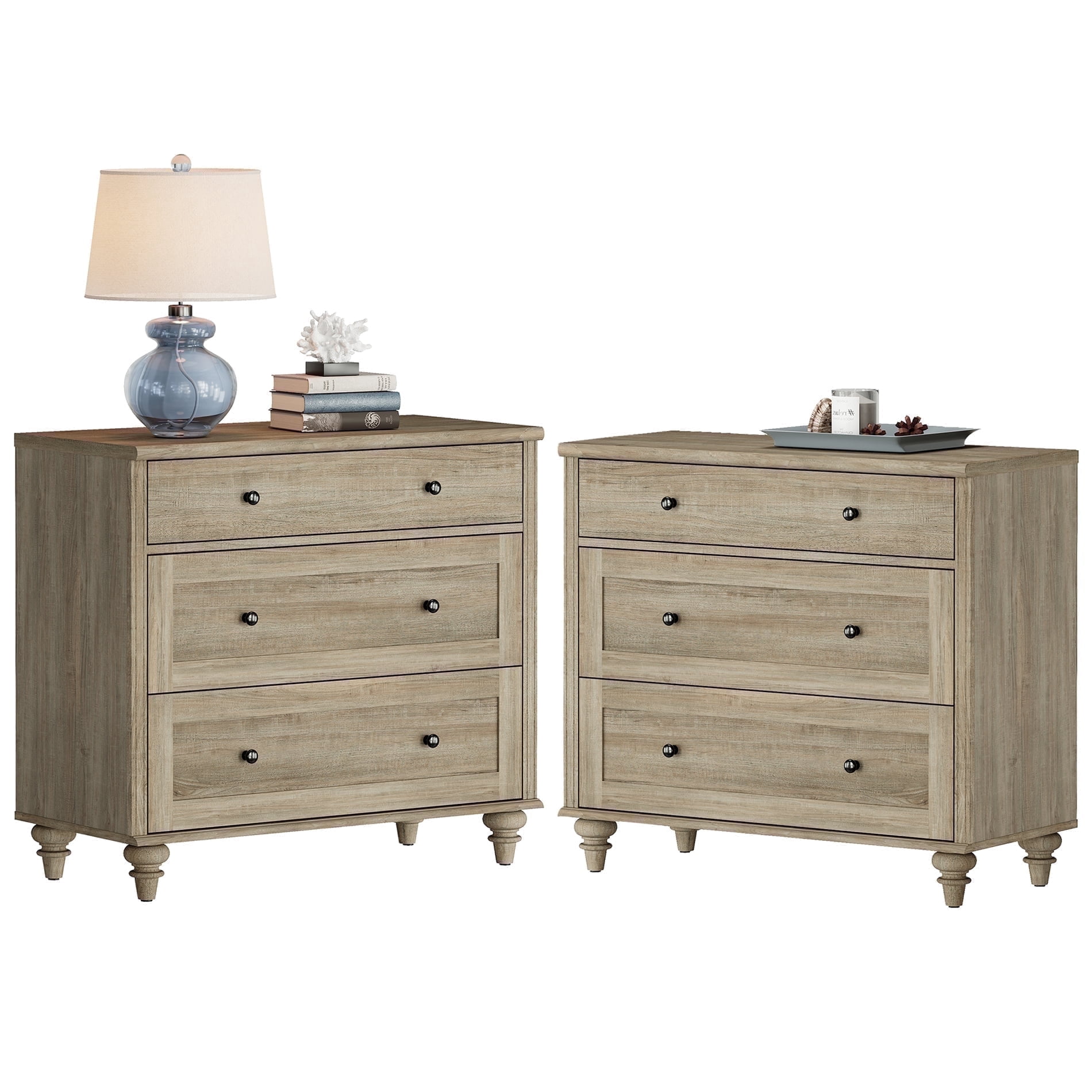Farmhouse Nightstand with 3 Drawers, Set of 2 Large 3 Drawers Wood Bedside Table Night Stand, Wide Sofa Side End Table Chest of Dresser for Living Room, Bedroom, Grey, 34 inch