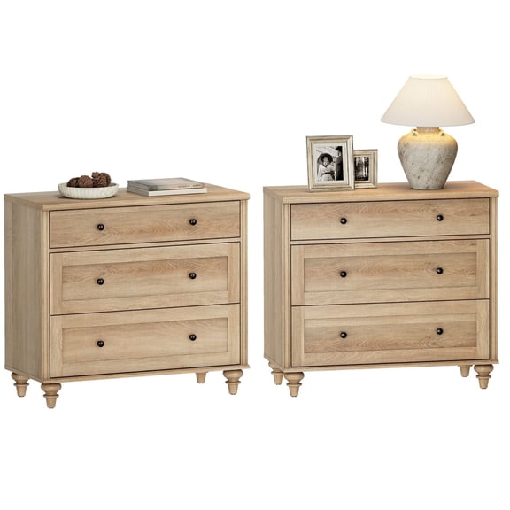 WAMPAT Farmhouse Nightstand with 3 Drawers, Set of 2 Large 3 Drawers Wood Bedside Table Night Stand, Wide Sofa Side End Table Chest of Dresser for Living Room, Bedroom, Oak, 34 inch