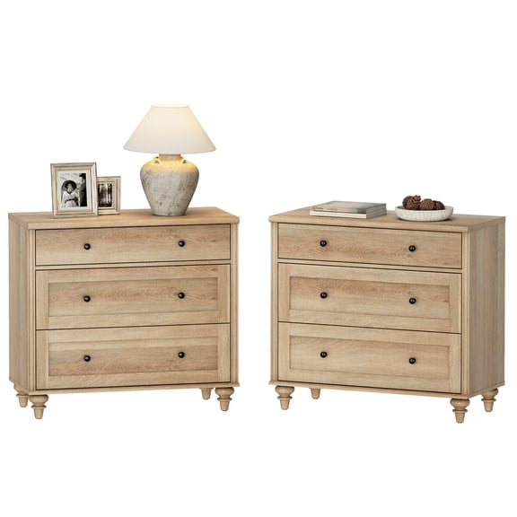 WAMPAT Farmhouse Nightstand with 3 Drawers, Set of 2 Large 3 Drawers Wood Bedside Table Night Stand, Wide Sofa Side End Table Chest of Dresser for Living Room, Bedroom, Oak, 34 inch