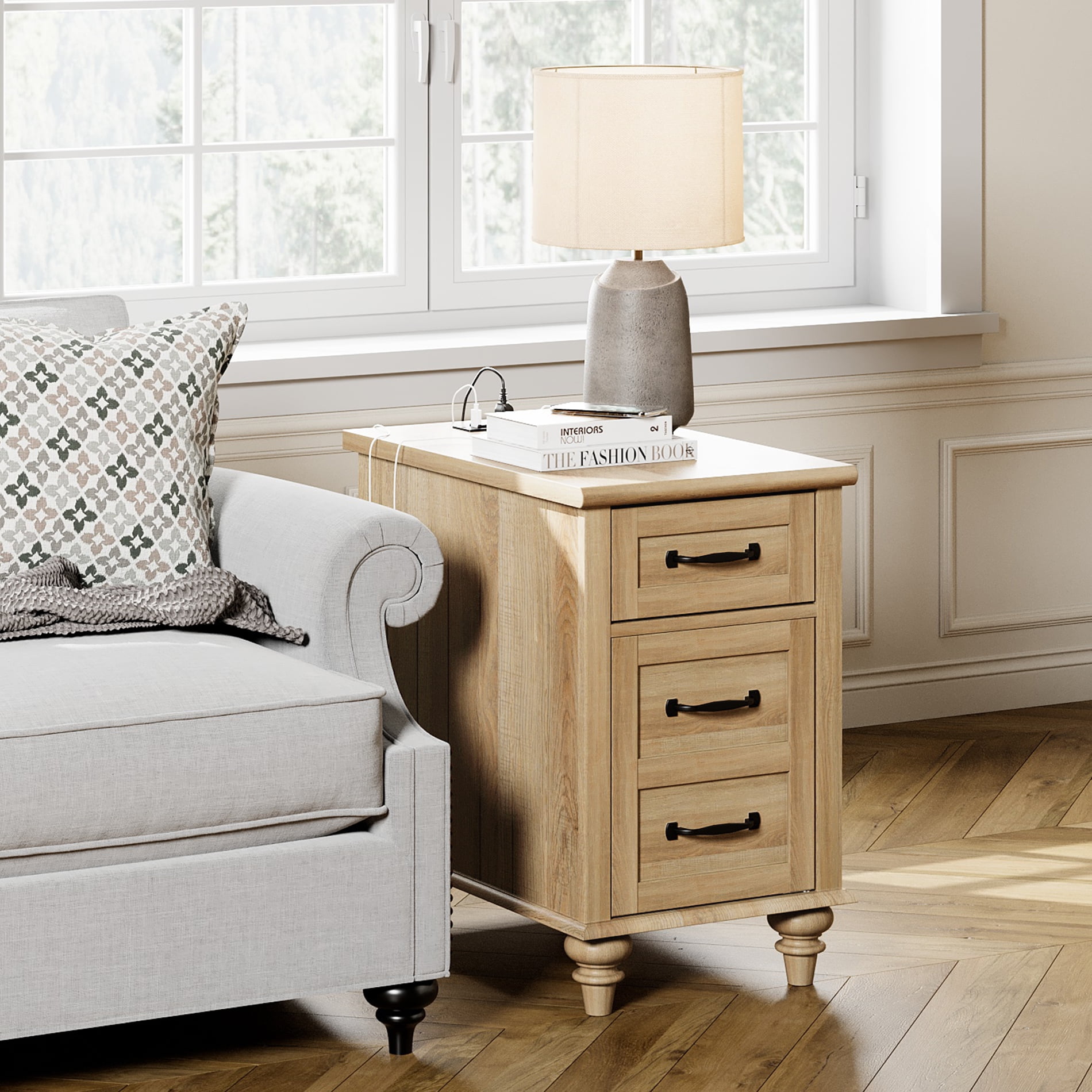 WAMPAT Farmhouse Nightstand with Charging Station, End Table with Solid