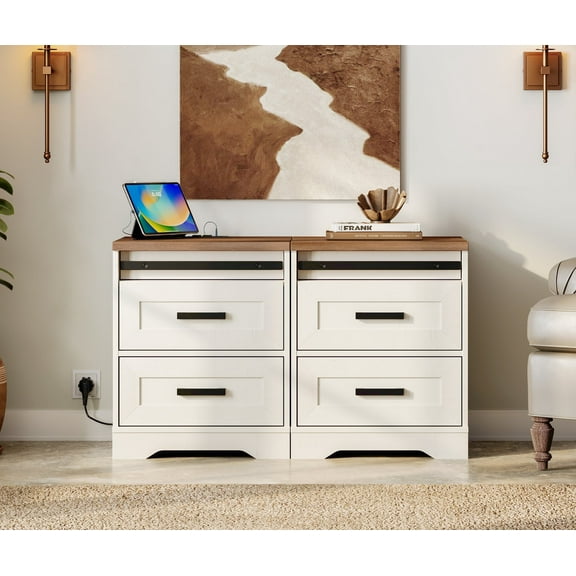 WAMPAT Farmhouse Nightstand Set of 2 with Charging Station for Bedroom, 2-Piece Wood End Table with Drawers,Cream White