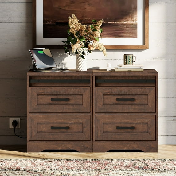 WAMPAT Farmhouse Nightstand Set of 2 with Charging Station for Bedroom, 2-Piece Wood End Table with Drawers,Rustic Brown
