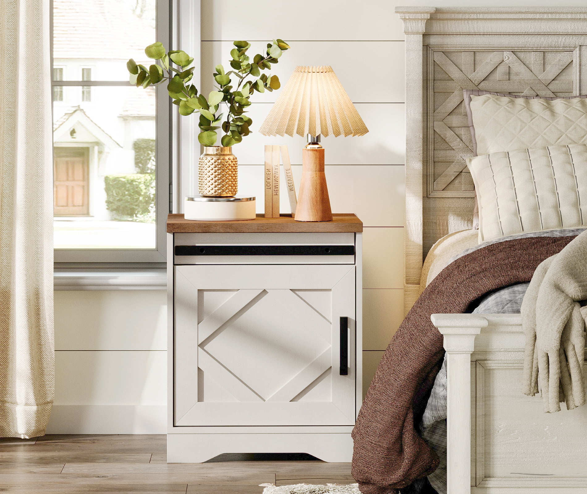 WAMPAT Farmhouse Nightstand,Wooden Bedside Table with Drawer & Cubby, Rustic Drawer Storage Sofa Side Table with Barn Door for Bedroom,Office,Cream White