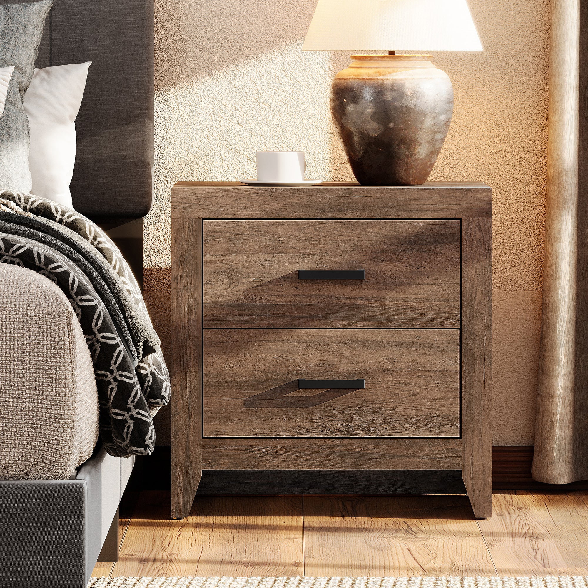 WAMPAT Farmhouse Nightstand with 2 Drawers, Wooden Side End Table, Bedside Cabinet for Bedroom, Living Room, Closet, Office, Brown