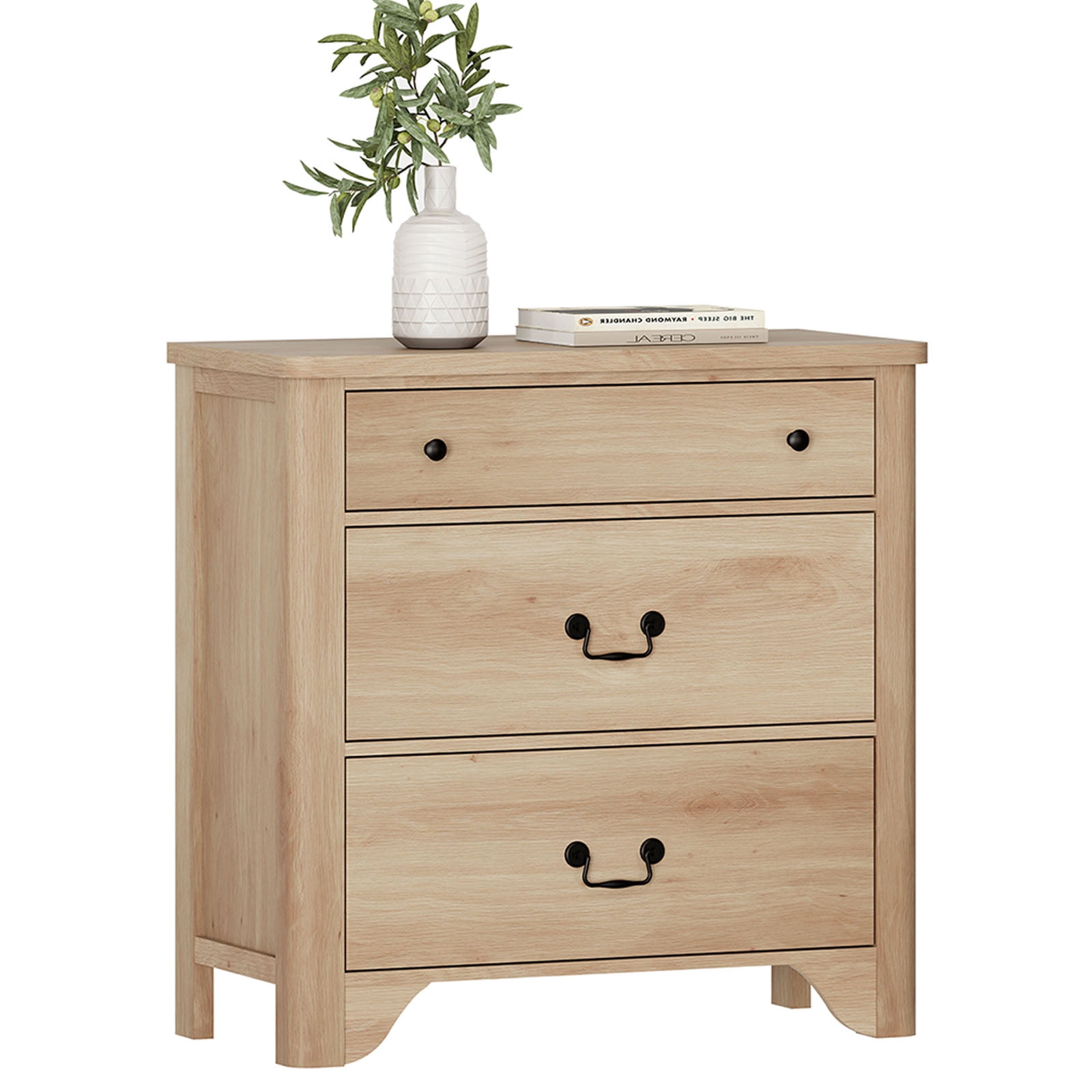 WAMPAT Farmhouse Nightstand with 3 Drawers, Large Wood Bedside Table Night Stand for Living Room, Bedroom, Oak