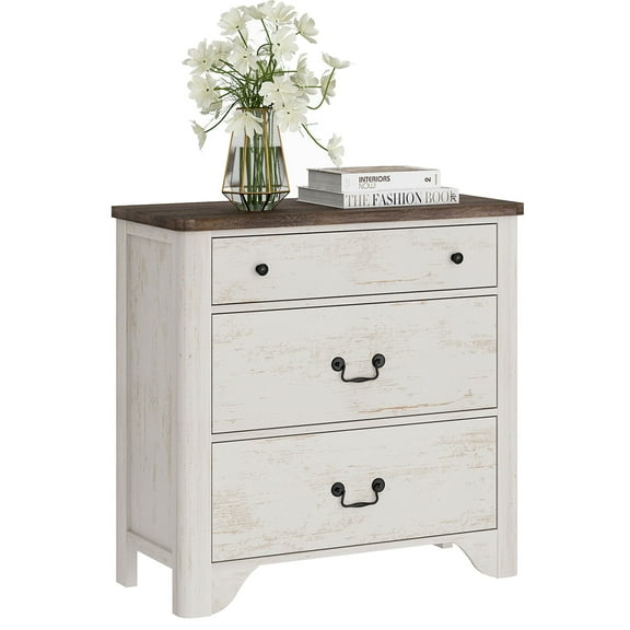 WAMPAT Farmhouse Nightstand with 3 Drawers, Large Wood Bedside Table Night Stand for Living Room, Bedroom, White