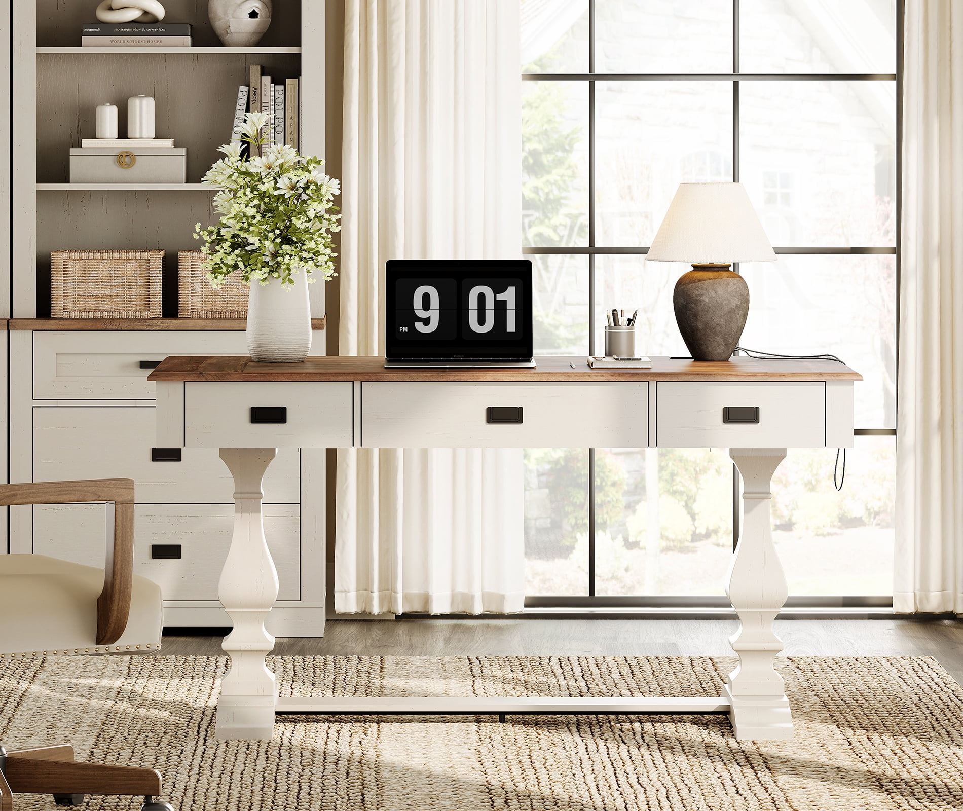 WAMPAT Farmhouse Office Desk with Charging Station - Vintage Rustic Executive Writing Table, Includes 3 Storage Drawers, Sturdy Solid Wood Legs and Ergonomic Rounded Edge for Study,Cream White