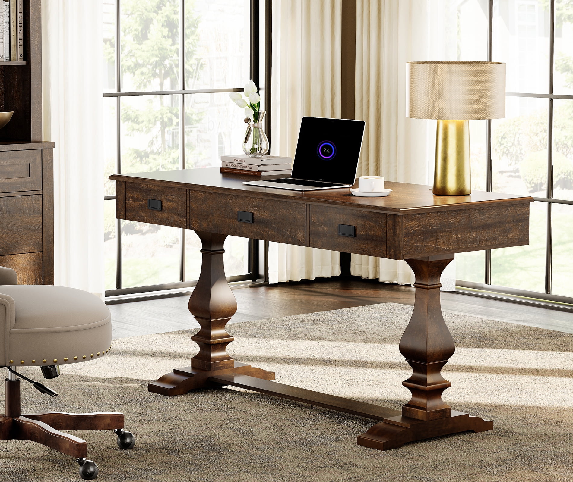 WAMPAT Farmhouse Office Desk with Charging Station - Vintage Rustic Executive Writing Table, Includes 3 Storage Drawers, Sturdy Solid Wood Legs and Ergonomic Rounded Edge for Study,Dark Brown