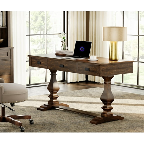 WAMPAT Farmhouse Office Desk with Charging Station - Vintage Rustic Executive Writing Table, Includes 3 Storage Drawers, Sturdy Solid Wood Legs and Ergonomic Rounded Edge for Study,Dark Brown