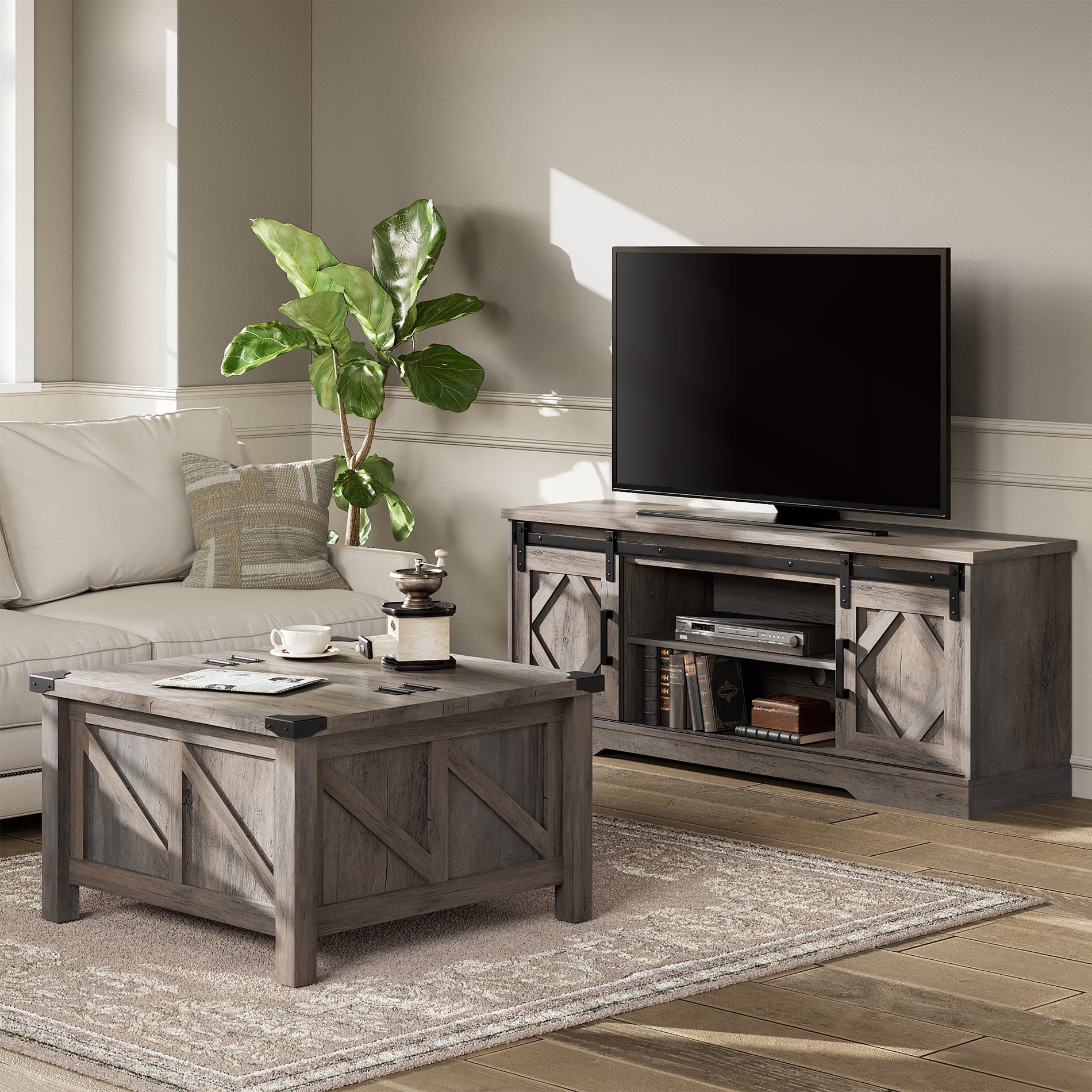 WAMPAT LED Blue Light Farmhouse Sliding Barn Door TV Stand and Coffee Table Set of 2 Modern Storage Entertainment Center for TVs Up to 65 Wood