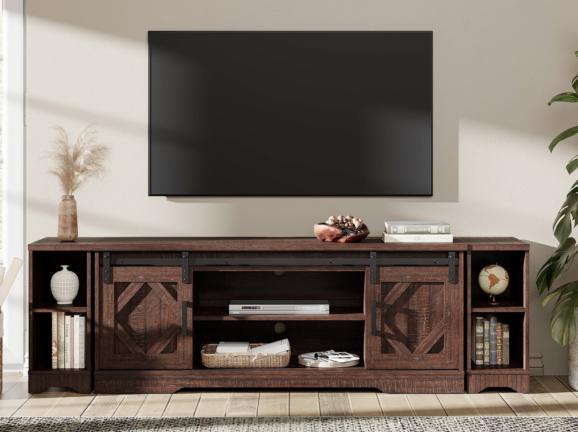WAMPAT Farmhouse Sliding Barn Door TV Stand for TVs Up to 85", Wooden Storage Entertainment Center, Modern Media TV Console Table with 3-Tier Adjustable Shelf for Living Room,