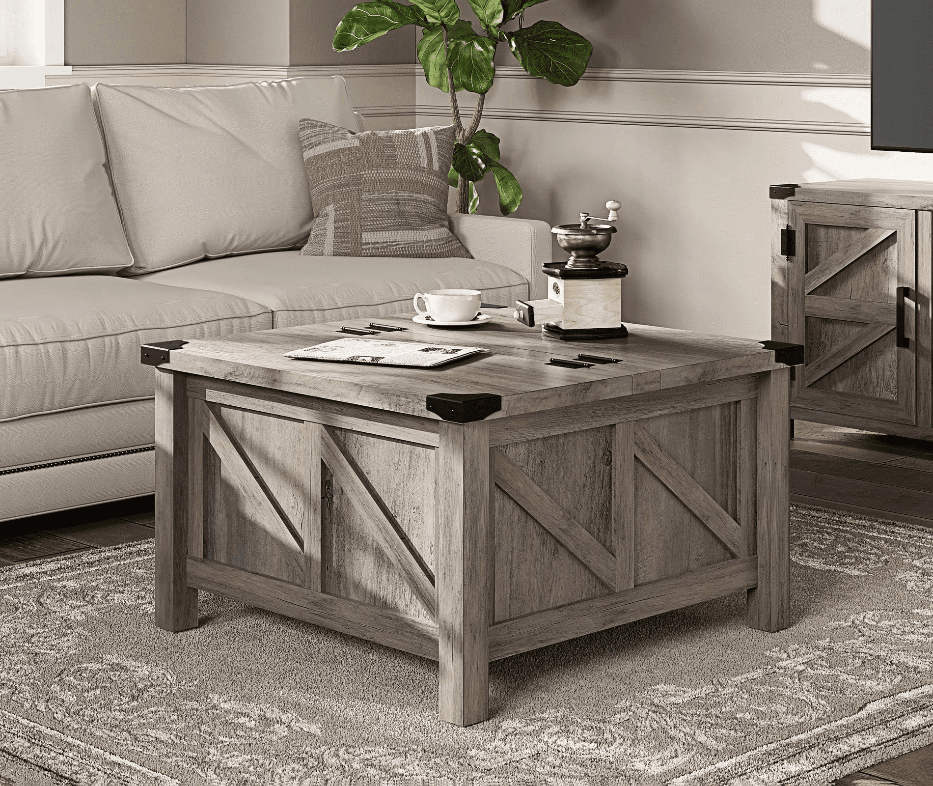 WAMPAT Farmhouse Square Coffee Table with Storage for Living Room,30 inch Z-shaped Wooden Strips Center Table with Flip-Top for Large Hidden Storage, Metal Wrapped Table Corners,Gray