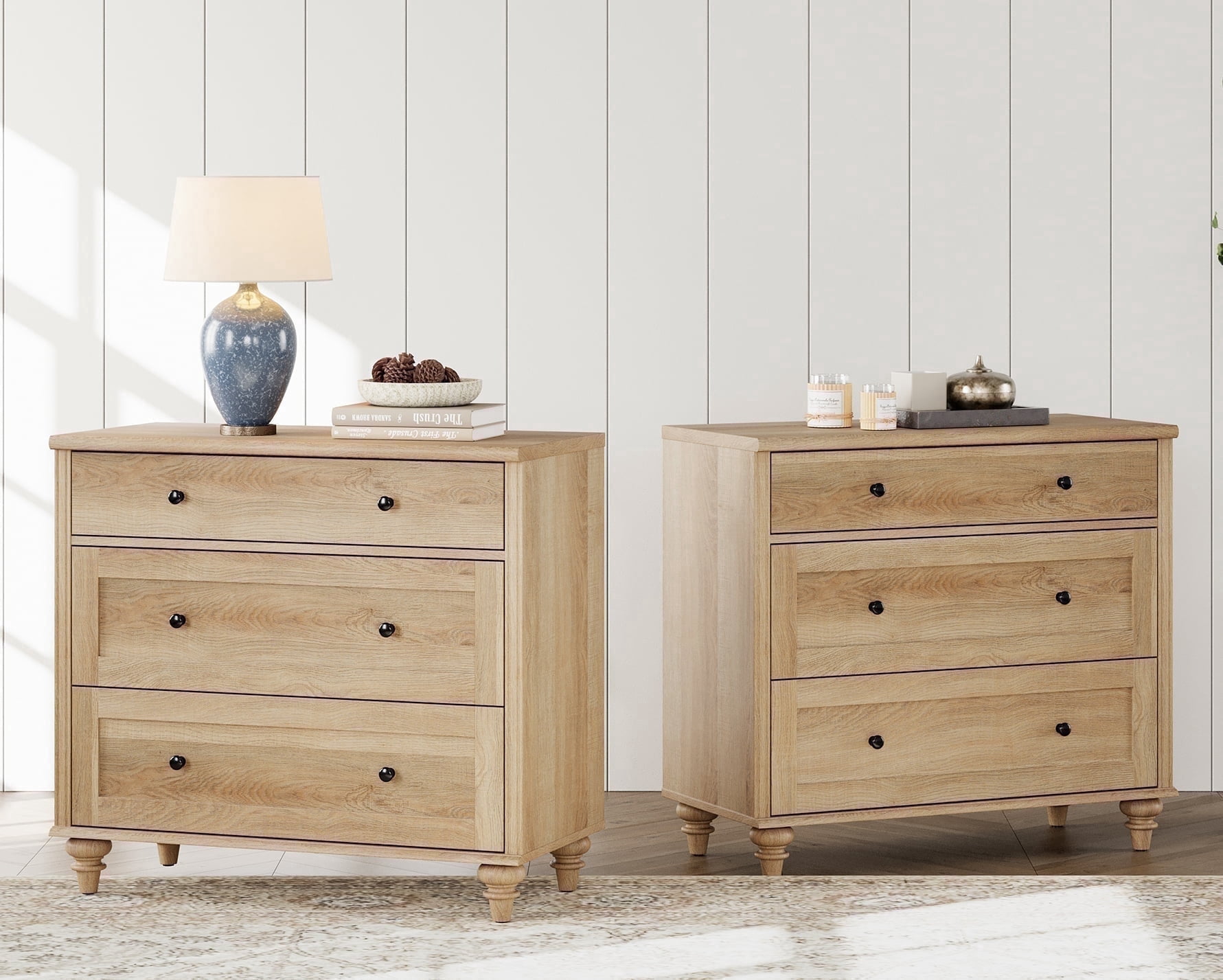 Farmhouse Nightstand with 6 Drawers, Mid Century Modern Large Wooden Bedside Table, 6 Drawers Dresser for Living Room or Bedroom, Oak