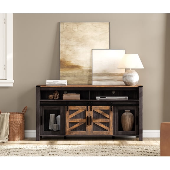 WAMPAT Farmhouse TV Stand for 65 Inch TV, Antique Black & Brown Entertainment Center with Sliding Barn Doors and Mesh Doors, Tall Media Console with Open Storage Space for Living Room, 59x15.4x31