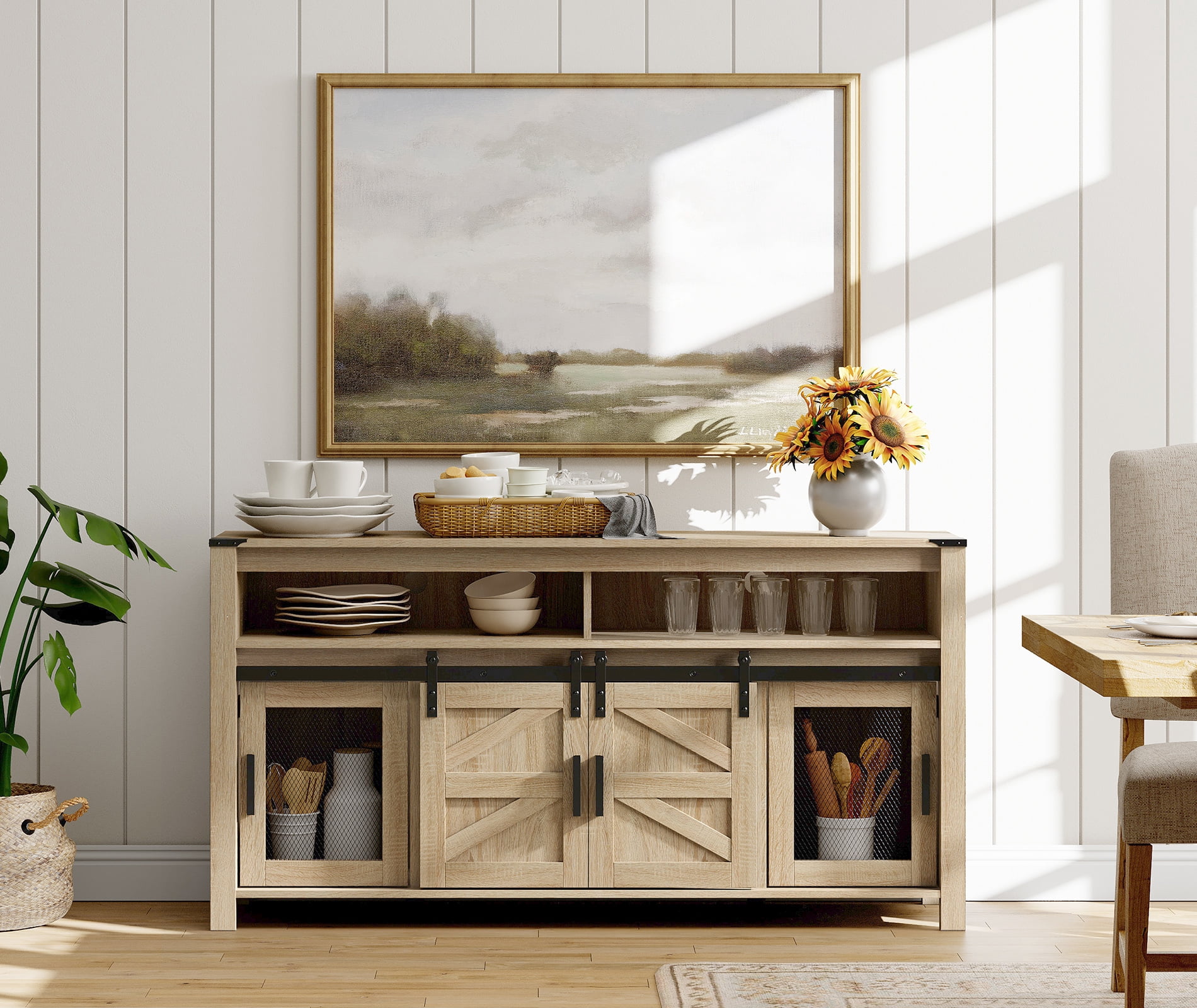 WAMPAT Farmhouse TV Stand for 65 Inch TV, Light Oak Entertainment Center with Sliding Barn Doors and Mesh Doors, Tall Media Console with Open Storage Space for Living Room, 59x15.4x31