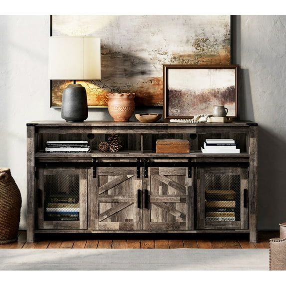 WAMPAT Farmhouse TV Stand for 65 Inch TV, Rustic Brown Entertainment Center with Sliding Barn Doors and Mesh Doors, Tall Media Console with Open Storage Space for Living Room, 59x15.4x31